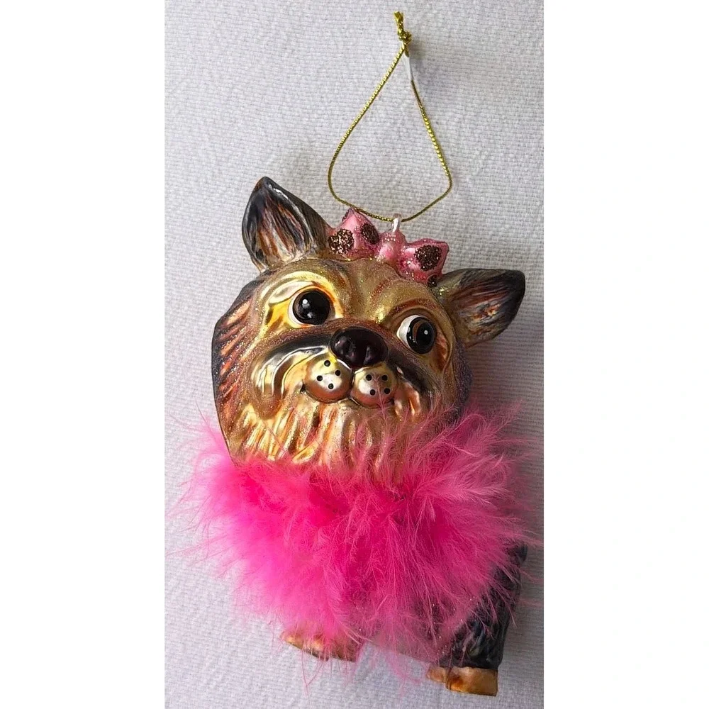 Blown Glass Yorkie Ornament Pink Diva Dog Girlie Holiday Bling